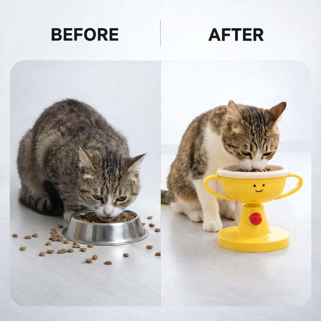 Adjustable Elevated Cat Bowl & Small Dog Feeder – 5-Level Height, 15° Tilted Neck Protection, Non-Slip Food & Water Stand for All Life Stages